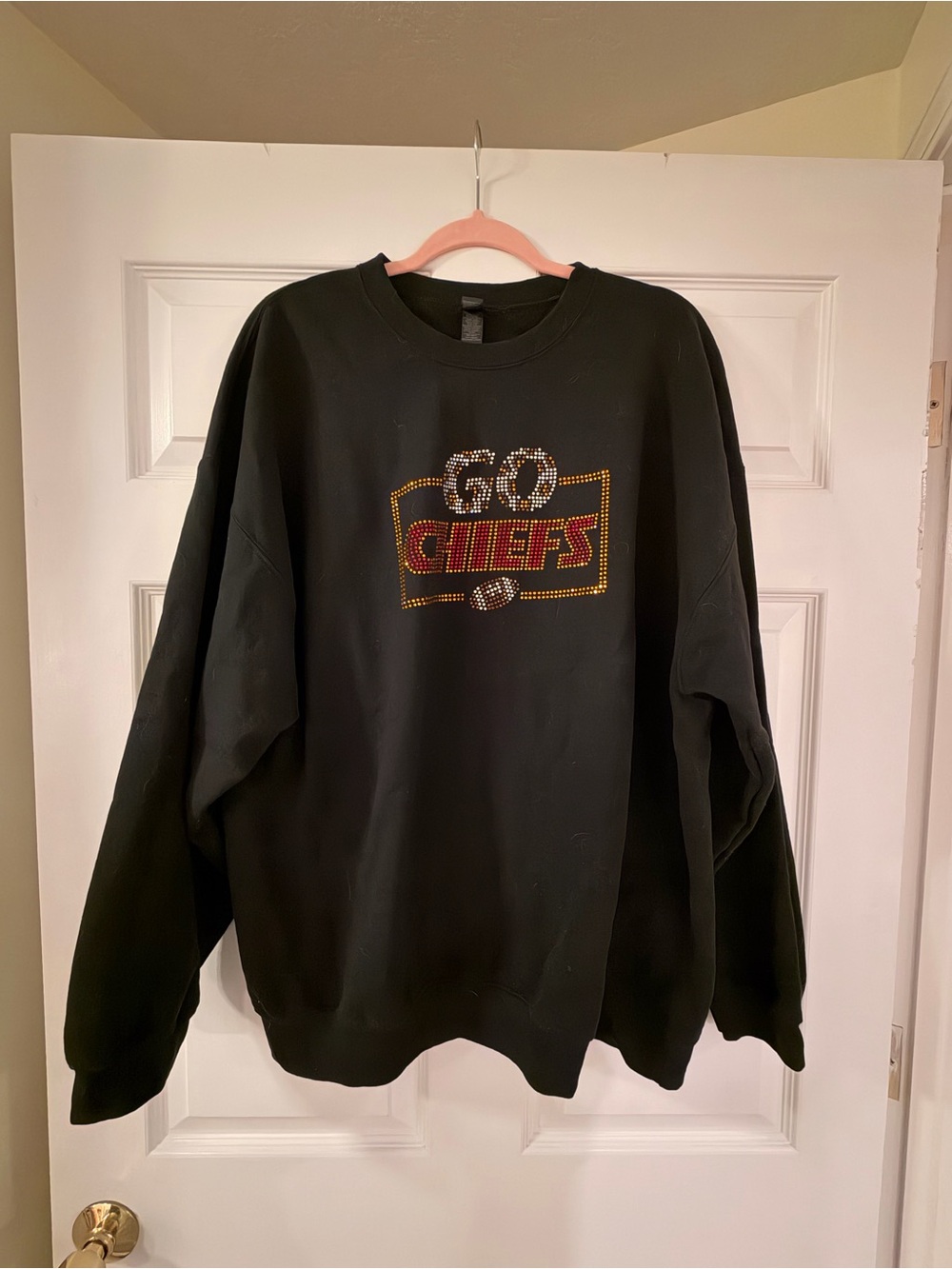 Gildan Black Crewneck Sweatshirt with Red and Gold Rhinestone 'Chiefs' Logo